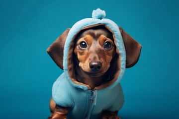 Medium shot portrait photography of a smiling dachshund wearing a teddy bear costume against a soft...