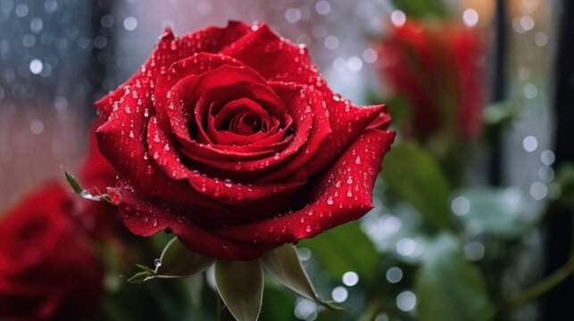 Red rose in a basket with water drops and bokeh background. Mother's day concept with a space for a text. Valentine day concept with a copy space.