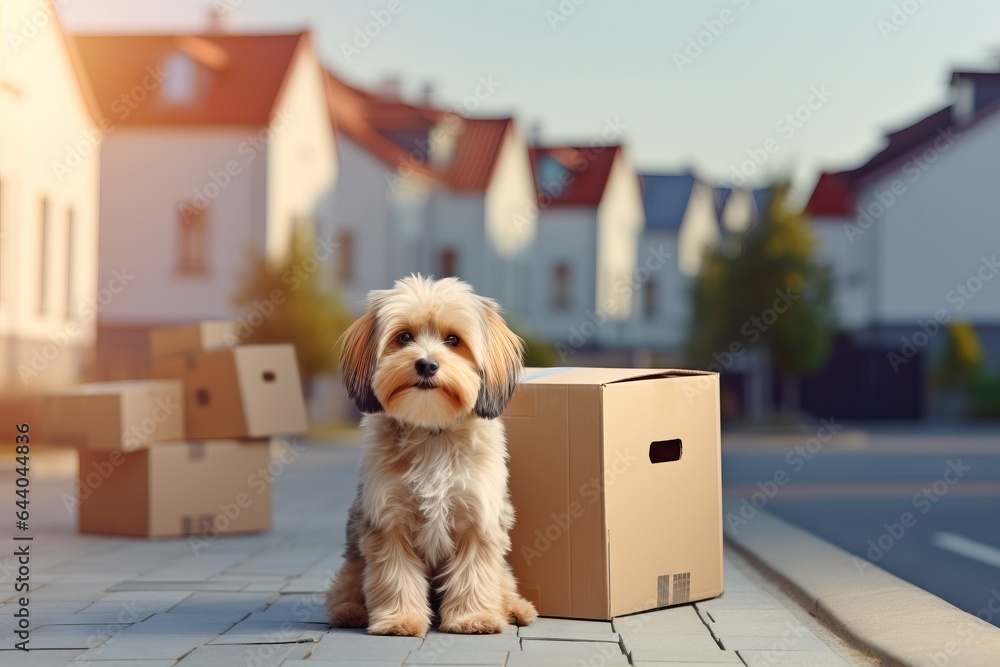 Wall mural dog in a box on moving house background. the concept of relocation with pets