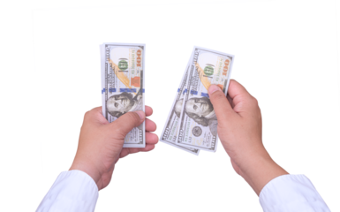 Close up shot of businessman hand counting dollar banknotes isolated on transparent background, png file