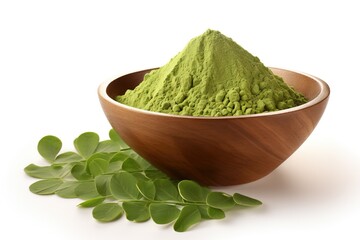 Moringa powder (Moringa Oleifera) in wooden bowl with original fresh Moringa leaves