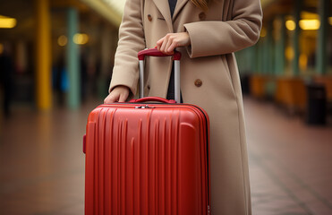 Close up of a woman in beige coat with a red suitcase