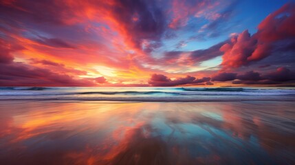 A colorful sunset over the ocean with clouds reflected in the water - obrazy, fototapety, plakaty