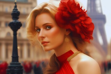 in 1800, beautiful sexy 30 year old woman in red dress in Paris (JPG 300Dpi 9600x6400) - obrazy, fototapety, plakaty