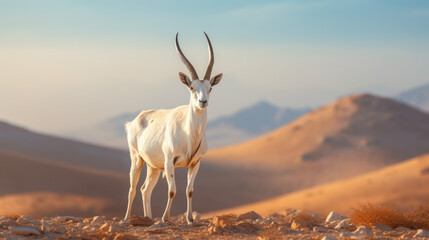 A white oryx with big horns in a desert.