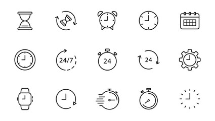 Time and Clock linear icons set. Timer, watch, speed, calendar, alarm clock, date and time management. Editable stroke. Vector illustration. - obrazy, fototapety, plakaty