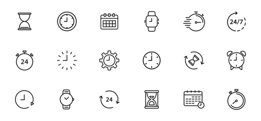 Time and Clock linear icons set. Timer, watch, speed, calendar, alarm clock, date and time management. Vector illustration.
