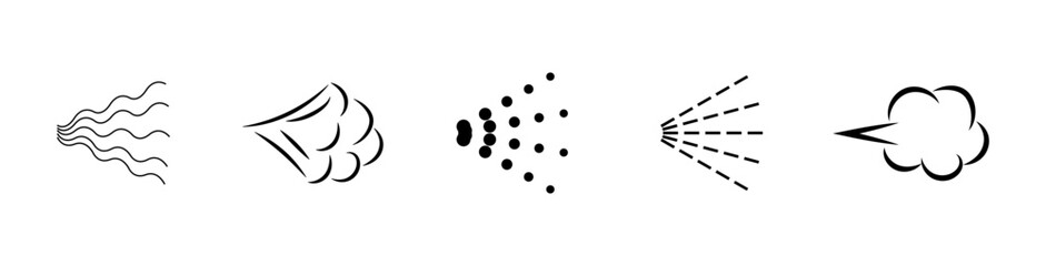 Spray Icons set. Spray steam icons. Spray with water, deodorant, perfume, aerosol, antiseptic and paint. Vector illustration.