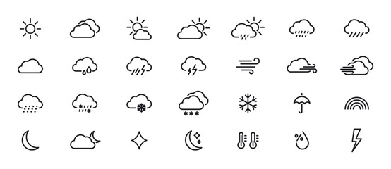 Weather Linear Icons. Weather forecast. Meteorological symbols. Suny, cloudy, rainy, thunderstorm, windy, snow etc. Vector web icons.