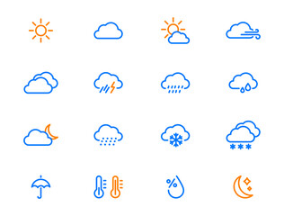 Obraz premium Weather Linear Icons. Weather forecast. Meteorological symbols. Suny, cloudy, rainy, thunderstorm, windy, snow etc. Editable stroke. Vector web icons.