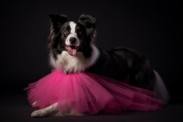Photography in the style of pensive portraiture of a smiling border collie wearing a tutu skirt against a dark grey background. With generative AI technology