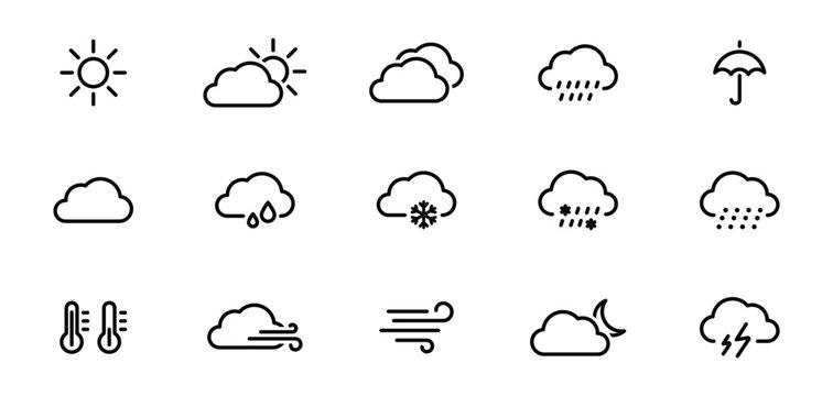 Weather Linear Icons. Weather forecast. Meteorological symbols. Suny, cloudy, rainy, thunderstorm, windy, snow etc. Vector web icons.