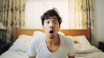 朝寝坊をして慌てて起き上がろうとする男性