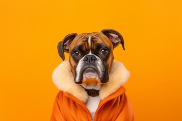 Group portrait photography of a funny boxer dog wearing a sherpa coat against a tangerine orange background. With generative AI technology