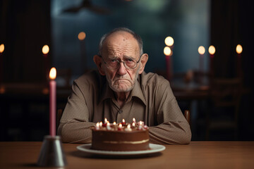 a sad or depressed or angry grandpa, old man on birthday, on a chair at a table with a birthday cake - obrazy, fototapety, plakaty