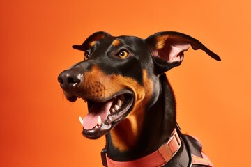 Close-up portrait photography of a smiling doberman pinscher wearing a denim vest against a tangerine orange background. With generative AI technology