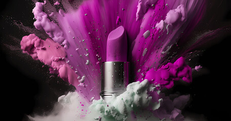 Pink lipstick creative backdrop concept with powerful explosion