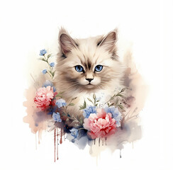 Watercolor portrait of the cat with roses - 644046026
