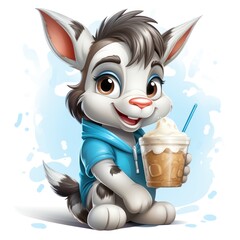 cute donkey cartoon with a glass of milk