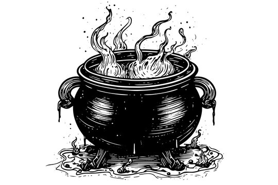 Boiling witch's cauldron hand drawn ink sketch. Engraving style vector illustration.