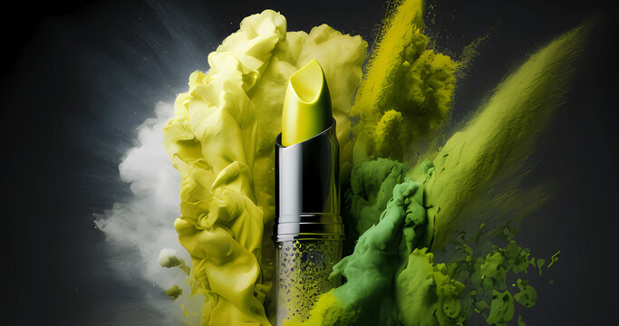 Magical luxury yellow lipstick backdrop concept with powerful explosion