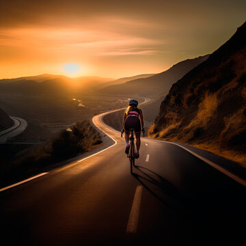 Woman Cyclist Pedaling On A Mountain Road During Sunset