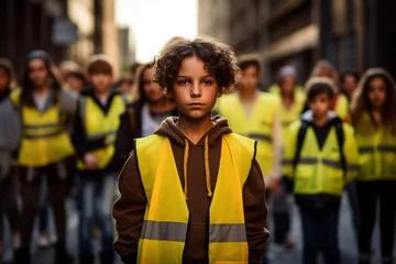 Fotobehang children and young people, teenager demonstrate and protest, wear a yellow safety vest, fictitious reason and place © Boraryn