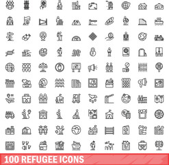 100 refugee icons set. Outline illustration of 100 refugee icons vector set isolated on white background