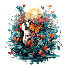An underwater symphony English Butterfly t-shirt design showcasing a butterfly with wings that resemble musical notes, Generative Ai