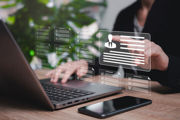 HR, Human resources management, and document checklist concept, Businesswomen show online and...