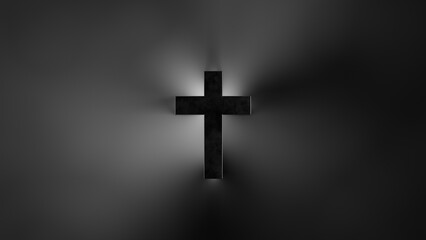 Centered sillouete Cross Sign on a cloudy misterious Dark Background. Christian religious concept
