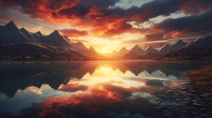 A painting of a sunset over a mountain lake