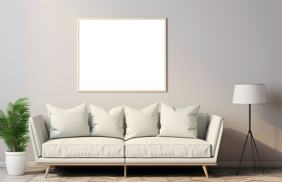 mockup cadre photo avec contour bois accroché à un mur de salon au dessus d'un canapé