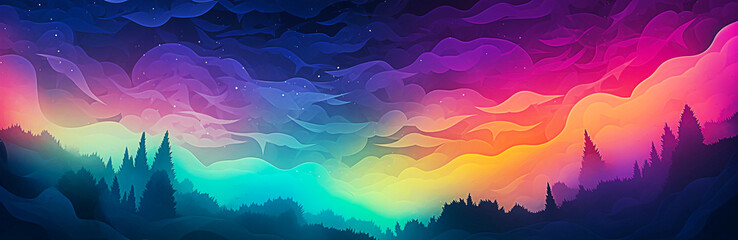 Fantasy landscape with forest and mountains at sunset. Gradient illustration. Selective focus. 