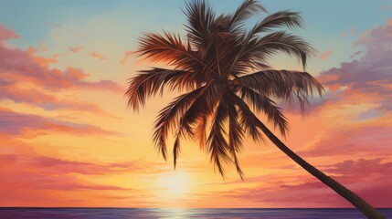 Fototapeta na wymiar A painting of a palm tree at sunset