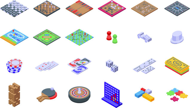 Playing board games icons set isometric vector. Play card. Family game