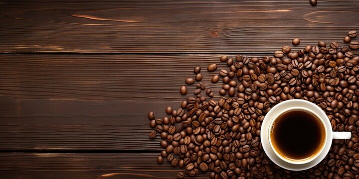 Coffe in cup on wooden table. Aromatic coffee beans. Wake up to freshness. Morning brew. Savory aromas in every cup. Perfect espresso shot. Savor flavor