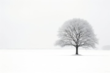 A lonely snow-covered big tree stands in the middle of field. The concept of winter minimalism.