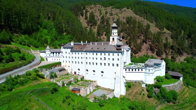 Marienberg Monastery - Vinschgau in South Tyrol - a fantastic aerial shot of the white monastery on the mountain