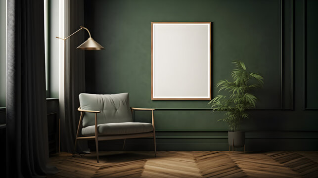 cadre vierge en bois sur un mur vert fonc&eacute;, mockup