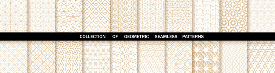 Geometric set of seamless gold and white patterns. Simpless vector graphics