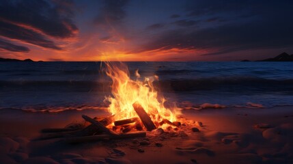 A bonfire on a beach with a sunset in the background