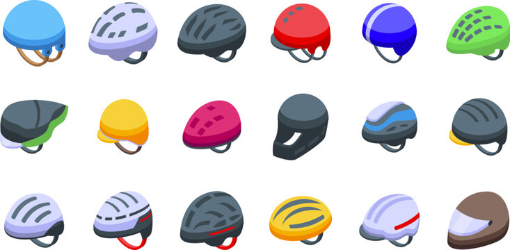 Bicycle Helmet icons set isometric vector. Vacation scooter. Kid pad