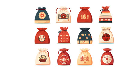 Lucky bags icons set. Cute holiday festival asian gift bags. Vector illustration
