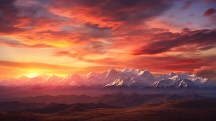 Fototapeta premium A painting of a sunset over a mountain range