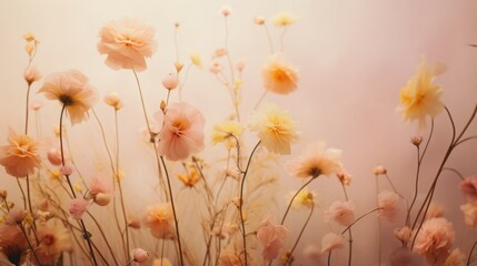 Obraz na płótnie Canvas Blurred of peach fuzz flowers with bokeh soft blur in the pastel vintage retro tone for background. Valentine or wedding invitation card
