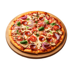 pizza on a wooden board isolated on transparent background