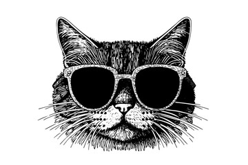 Cute cat head in sunglasses hand drawn ink sketch engraving vintage style.Vector illustration.