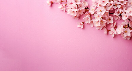 pink color paper background decorated with  cherry blossom flowers. Flat lay banner