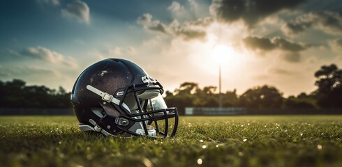 american football helmet in the field with a stadium in the background